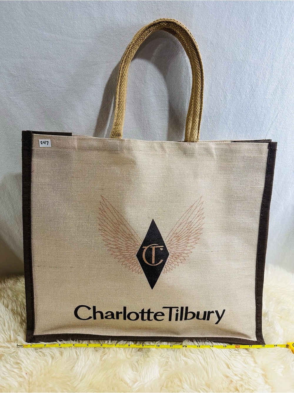 💕247 Charlotte Tilbury Beige Canvas Tote with Dark Brown Trim and Gold Handles